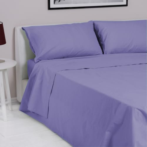 LARA MORADA - Set Completo Lenzuola Una Piazza E Mezza, 100% Cotone, Made In Italy, Tinta Unita, Per Letto 1 Posto E Mezzo, Lilla