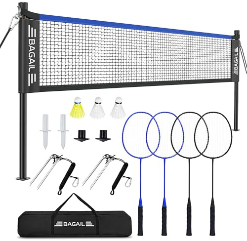 BAGAIL Outdoor Badminton Net Set with Anti-Sag Winch System - Official Size 6.1x1.55m, 4 Rackets, 3 Badminton Balls, Durable PE Net and Carrying Bag for Backyard, Beach and Family Games