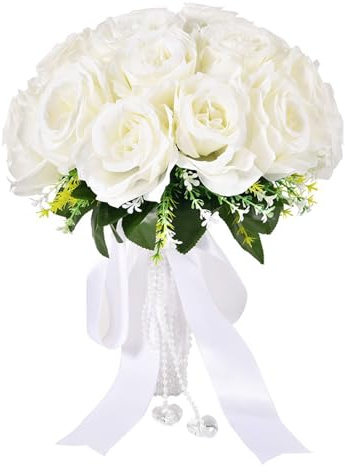 UIYIHIF 12,2 Zoll Weißer Rosen-Hochzeitsstrauß mit Strasssteinen und Band, Seidenblumen-Brautstrauß mit Grünen Blättern, Künstlicher Blumenstrauß für Hochzeitszeremonie,