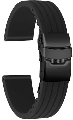 ULLCHRO Unisex Kautschuk Armband mit Edelstahl Schwarz Faltschließe 22mm Schwarz (Schwarze Schnalle)