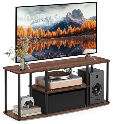 SONGMICS HOME Superfast Toolless Assembly, TV Stand for TVs up to 50 Inches, TV Cabinet Table Unit, Living Room, 110 x 35 x 46 cm, Shelves, Natural Walnut and Ink Black LTV500K01