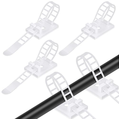 vsshe Adhesive Nylon Cable Zip Ties, 50Pcs Adjustable Reusable Cable Management Clips for Wires and Cords with Strong Adhesive Tape, Extra Screw & Hole for Strong Fixation Home Office DIY Garden White