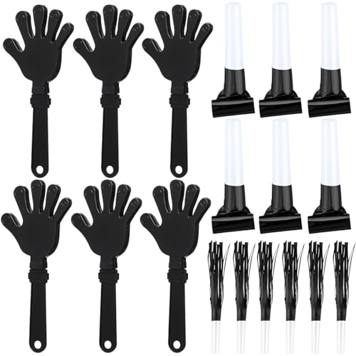 18 Pcs New Years Eve Party Noisemakers Supplies New Year Party Kit Includes 6 Hand Clappers 6 Plastic Blowers 6 Metallic Fringed Party Blowers for 2026 New Years Party Supplies (Black)