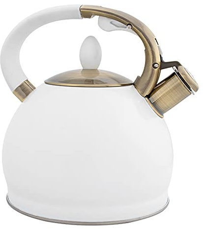 Tetera de acero inoxidable con silbato ligera, mango anti calor, 2,5 L, color negro, blanco y rojo