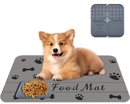 KASESSS 30x50cm Juego De Alfombra Comedero Perro Y Alfombrilla para Lamer Perros, Absorbente Antideslizant Ealfombra Comedero Gato Tapete para Comer Perros Y Gatos para Hogar Gris