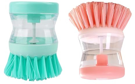 2 Piezas Cepillo Lavavajillas con Dispensador de Jabón Integrado - Cepillo de Cocina para Limpiar Platos Ollas y Sartenes - Cerdas de Nylon Suaves - Cabezal Remplazable - Utensilio Práctico