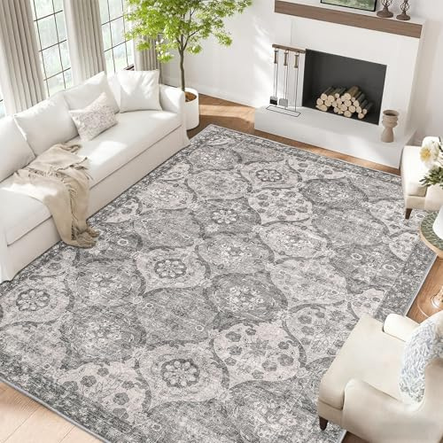 Fondream Washable Rugs Living Room, 160x230cm Grey Area Rug – Non-Slip, Low Pile, Faux Wool, Soft Carpet for Bedroom Kitchen Office Playroom