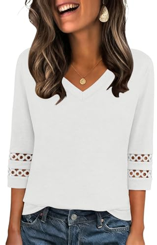 Zeagoo Túnica Mujer Manga 3/4 y Cuello en V Blusa Elegante Sólido Camisetas Verano Suelta Shirt Tops de Ganchillo Blanco XL