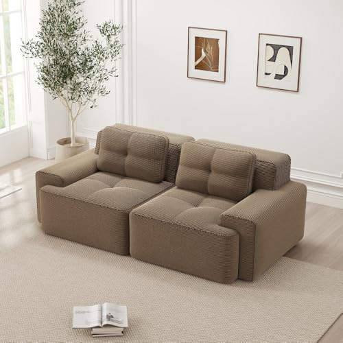 Sofá de 2 plazas, sofá modular, sofá acolchado sin marco de compresión al vacío con 2 cojines, relleno de espuma 32D de alta densidad, sin montaje, marrón (asiento prof. 74 + reposabrazos ancho. 30)