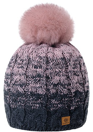 MFAZ Morefaz Ltd Femme Homme Beanie Chapeau Hat Pom Pom Bonnet d'hiver Chaud Doublure Polaire (Dark-Grey Pink)