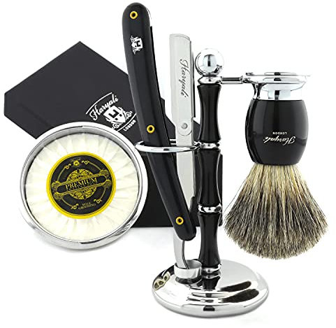 Haryali London Rasiermesser Set - Rasierpinsel Vegan - Rasiermesser - Abziehleder, Polierpaste, Nasenpflege Schere - 5 teiliges Rasierpinsel Set aus Holz inkl. Geschenkbox