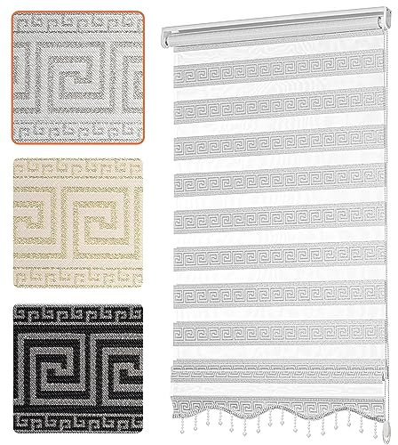 Doppelrollo mit Muster Mäander Deko Griechischer Schlüssel Ornament Motiv Klemm Duo Rollos für Fenster Innen ohne Bohren Weiß Silber 70x200 cm