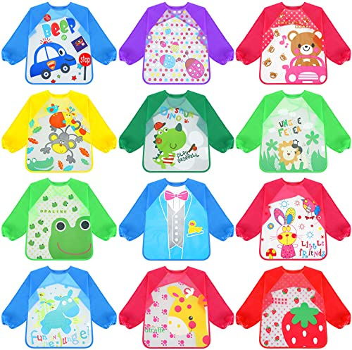 Funtery 12 Packs Kids Art Smock Long Sleeve Waterproof Painting Apron for Kids Paint Clothes Artist Aprons Toddler Art Supplies 1-4 Years