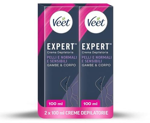 Veet Expert, Crema Depilatoria Corpo e Gambe Pelli Normali e Sensibili, 200ml (2 confezioni da 100ml), Con Burro di Karitè