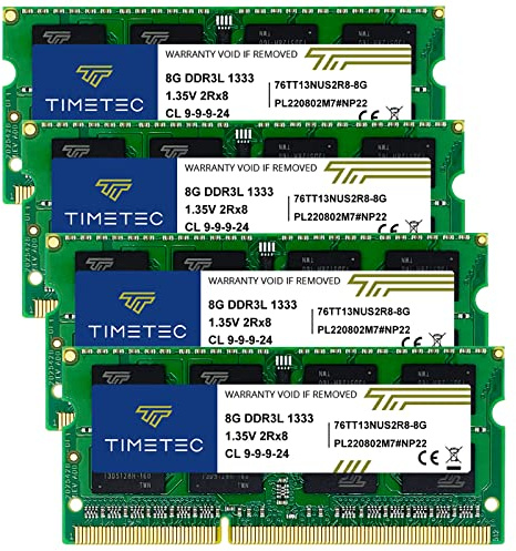 Timetec 32GB KIT(4x8GB) DDR3 / DDR3L 1333 MHz PC3-10600 Non-ECC Ungepuffert 1,5 V / 1,35 V CL9 2Rx8 Dual Rank 204 Pin SODIMM Laptop Notebook PC Computer Arbeitsspeicher RAM Modul Upgrade