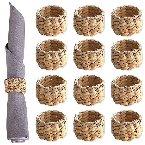 12 Stück Gewebte Serviette Ringe Set, Wasser Hyazinthe Serviettenhalter Natürlich, Rustikale Serviettenringe, Handgemachte Serviettenringe für Weihnachten, Hochzeit, Party, Tischdekoration