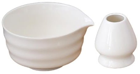 perfk Cuenco de cerámica Matcha de 2 Piezas, Cuenco Tradicional de Matcha con Soporte para batidor, Matcha Hecha a Mano para, Blanco