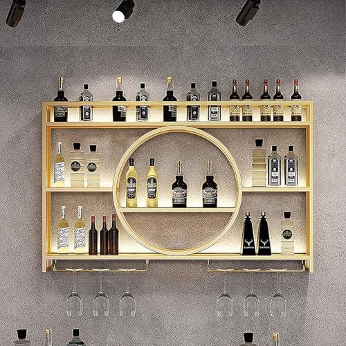 Rmeet Estante de Botellas de Pared Industrial, Estante de Hierro de 3 Plantas, estantes de exhibición de Vino para decoración del hogar, Bares, restaurantes y cocinas,Golden,100 * 15 * 80cm