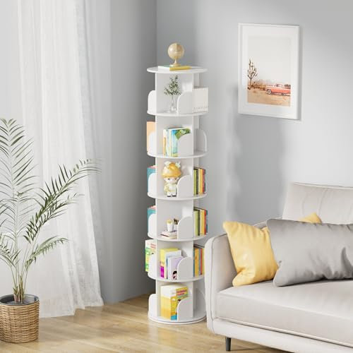 tonchean 6-stufiges Drehbares Bücherregal 360° Drehbar Bücherregal Aufbewahrungs Regal Multifunktionales Standregal Lagerregal, Rotating Bookshelf Weiß für Schlafzimmer Kinderzimmer Wohnzimmer Büro