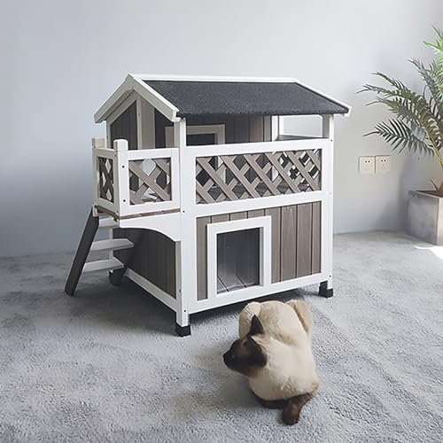 Katzenunterschlupf für Draußen, Wetterfest, Katzenhaus, Katzenhütte Outdoor, Isolierter Unterschlupf für Wildkatzen, mit Zu Öffnendem Dach, Balkon