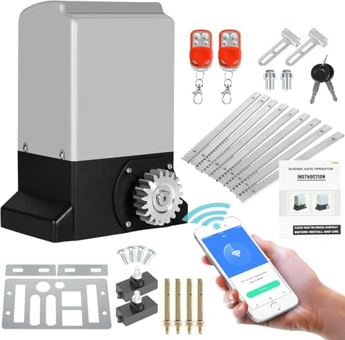 Ikodm 370W Motorisation Portail Coulissant max 800KG, Moteur Électrique de Portail Automatique avec 2 Télécommandes et Contrôle APP with 4M crémaillères for Garden, Garage Door