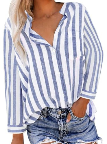 Ybing Chemise rayée en lin pour femme - Chemise tendance en mousseline avec poche - Col montant - Manches longues - Coton et lin - Chemise fine - Confortable - Manches longues - Haut de loisirs