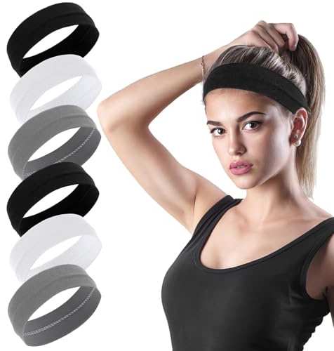6Pcs Workout Headbands for Women Non Slip Sweatbands Elastic Sweat Hair Bands Sports Headbands Thin Headbands for Yoga, Golf, Gym, Camping, Running, Tennis (Black, Gray, White) Headband sweatband