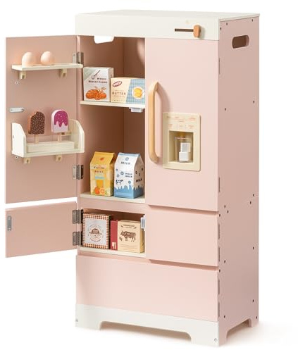 ROBOTIME Wooden Play Kitchen Fridge, Toddler Kitchen Refrigerator, Kids Refrigerator for Play Kitchen, Toy Fridge for Boys and Girls Ages 3+