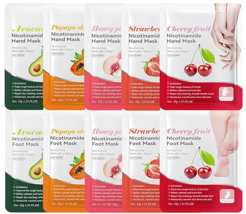 10 Paar Frucht Fussmaske & Handmaske - Natürlich Sanft Handmaske für Sehr Trockene Hände - Feuchtigkeitsspendende Fussmaske Socken - Hornhautentferner Hand Mask und Fußmaske für Frauen Männer