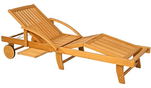 Outsunny Sonnenliege Holz klappbar Gartenliege mit Seitentisch, Rolle, Liegestuhl mit 4-Fach verstellbare Rückenlehne, Campingliege, Gartenstuhl bis 160 kg belastbar, für Garten Strand, Teak