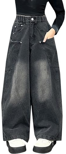 Baggy jeans flickor – vintage vida ben jeansbyxor Y2K denimbyxor barn hög midja fritidsbyxor med elastisk linning breda ben byxor lösa byxor tonåring flickor streetwear