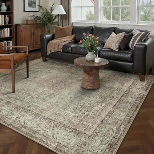 PureCozy Tapis de salon, marron, 160 x 230 cm, lavable, vintage, antidérapant, à poils courts, doux, style bohème, rétro, pour salon, chambre à coucher, bureau, salle à manger, chambre à coucher