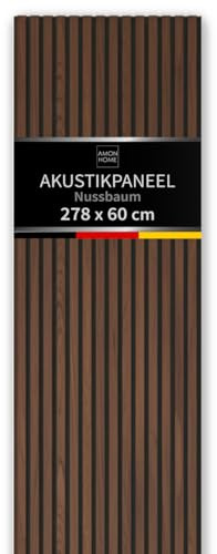 AMON 3D Akustikpaneele Holz 278x60cm Nussbaum - Wandverkleidung Akustik-Wandpaneel in Holzoptik für Wand & Decke - Lamellenwand Dekor & Schallschutz - für stilvolle Raumakustik im Wohnzimmer Büro