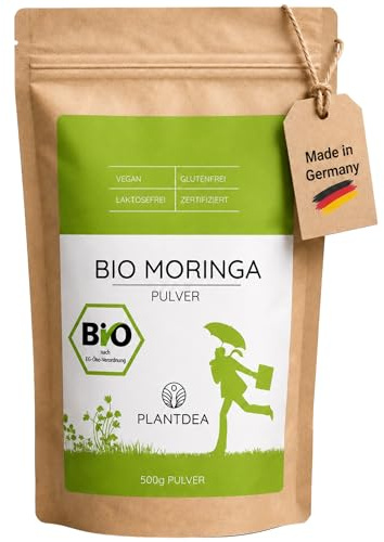 PlantDEA Moringa in polvere biologica (500 g), 100% polvere di moringa biologica, ricca di vitamine, minerali e antiossidanti, ideale come fonte di proteine vegetali