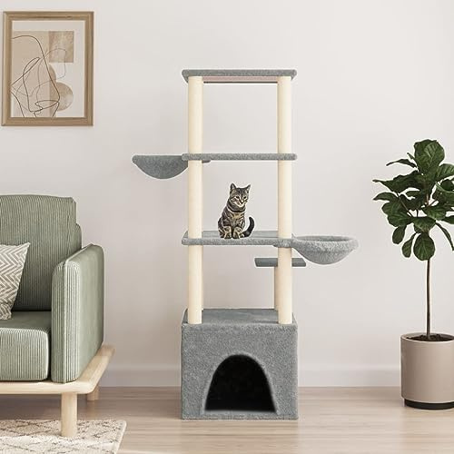 Tiragraffi con colonne in sisal, grigio chiaro, 147 cm, torre per gatti con 2 case, superfici reclinabili in peluche, istinto di graffio, arrampicata