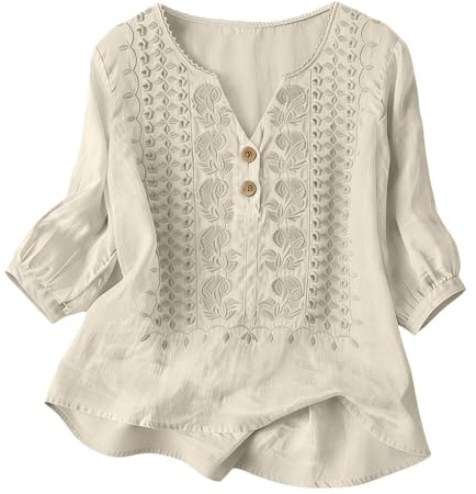 Genérico Camisas Mujer Primavera Manga 3/4 Algodón Lino Cuello V Bordado Étnico Blusa Transpirable Verano Oficina Suelta Casual Elegante Original Tops Fiesta Boho