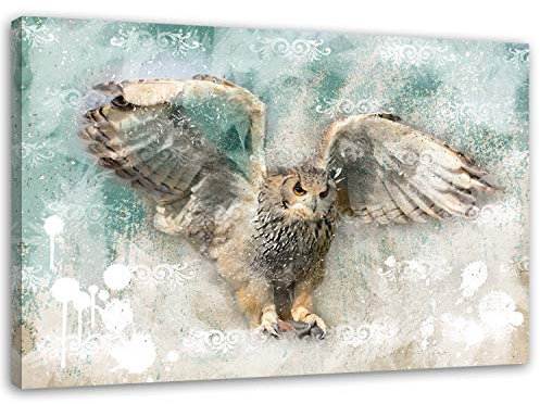 Feeby Bilder Eule Vögel XXL 120x80 cm 1Teilig Wohnzimmer Schlafzimmer Modern Wandbilder Leinwandbilder Bild auf Leinwand Kunstdruck Wanddeko Design Natur Vintage Braun Türkis