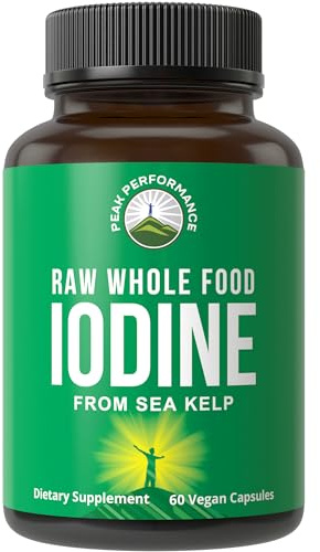 Raw Whole Food Iodine Supplement from Organic Kelp (Ascophyllum Nodosum) by Peak Performance. Potassium Iodide Support Tablets. for Metabolism, Energy, and Immune. 60 Vegan Capsules, Pills