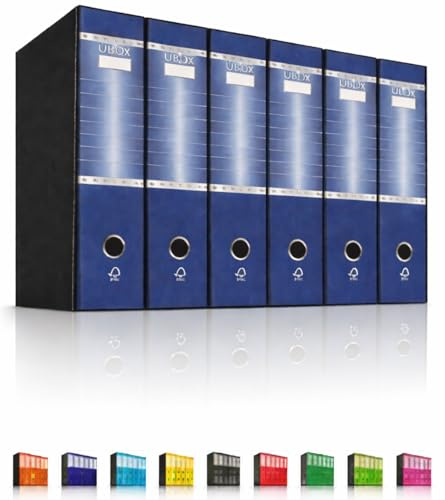 LogicaShop UBOX 6 Raccoglitori ad Anelli A4 Dorso 8 con Custodia Cartone, Formato Protocollo, Registratore con Meccanismo a Leva D, Raccoglitore con Scatola, Faldone Universale (Blu)