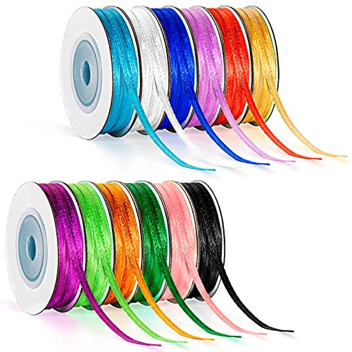 Ruban Satin 12Pcs Ruban Satin Mixte Coloris 3mm x 22.8m Décoration DIY Mariage Fête Emballage Cadeau Gâteau Bouquet Créatifs Faire nœud Papillon