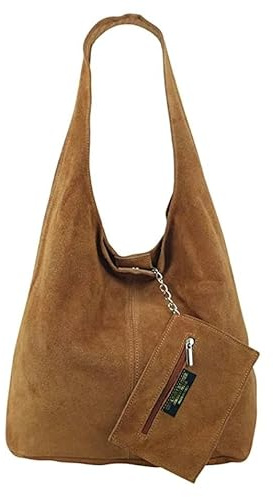 Modarno Borsa a tracolla da donna in pelle scamosciata pochette, borsa a tracolla, shopper, da donna, in vera pelle (Cuoio)