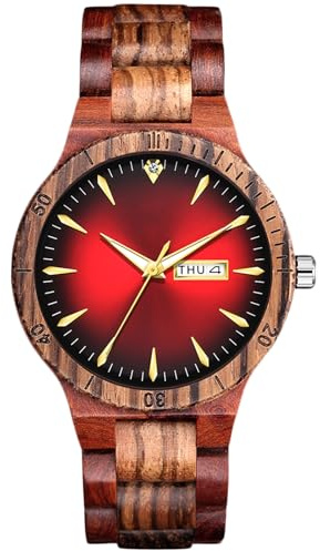 RORIOS Reloj de Madera Natural para Hombre Luminoso con Fecha - Analógico Cuarzo Hecho a Mano