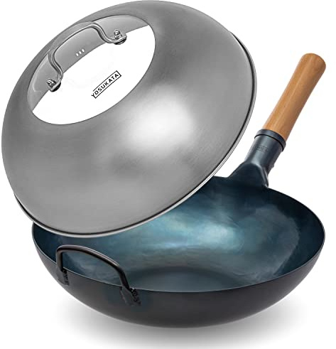 YOSUKATA Flat Bottom Wok Pan -34 cm Blue Carbon Steel Wok with Lid 32.5 cm - Premium Stainless Pan Cover with Tempered Glass Insert Steam Holes and Ergonomic Handle