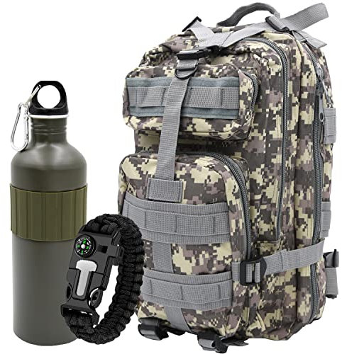 Gewidder Rucksack Set Militärrucksack Outdoor Camouflage Bundeswehr Armee Rucksack Survival Backpack zum Wandern, Campen, Reisen für Herren Frauen 30l inklusive Überlebensarmband + Flasche (Grau)