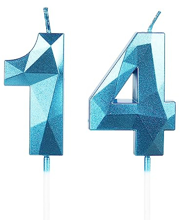 Yiran Candele di compleanno, Candele con numeri da 5cm, Candela numero 14, Candele in blu, 3D forma di diamante, Candele di compleanno per torta, Candele per torte, decorazioni per feste (Numero 14)