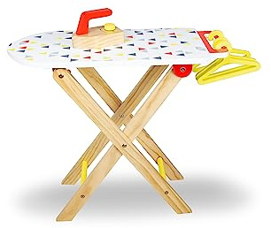 Teorema Giocattoli, Asse da Stiro con Ferro da Stiro Giocattolo, Set Completo in Legno Pieghevole e Accessoriato con Grucce, Gioco di Imitazione per Bambini, Altezza 55 cm