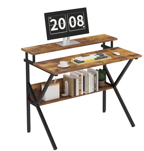 CAIYUN 70cm Computer Desk, Home Office Desk for Home, Small Desk for Spaces, Rustic Brown Small Table with Monitor Stand