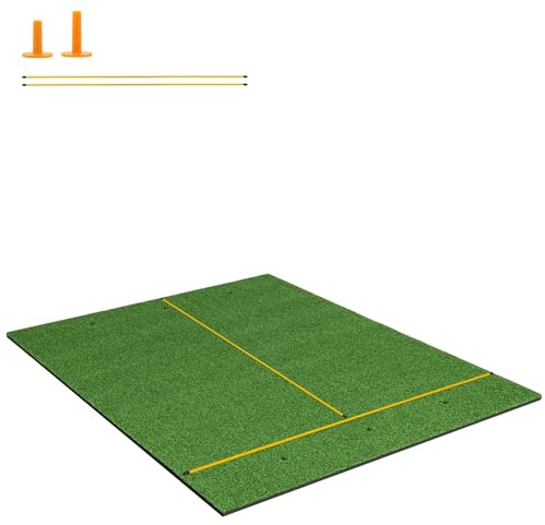 GYMAX Alfombrilla de Golf para Golpear Pelotas, Tapete de Césped Artificial para Práctica de Golf Interior/Exterior Que Incluye 2 Tees de Goma y 2 Palos de Alineación (32 mm Grosor, 152x117 cm)