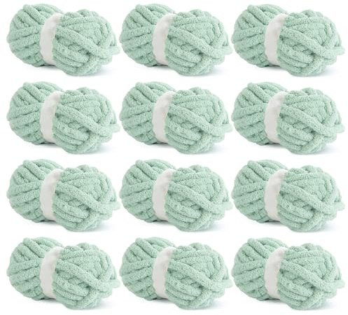 Hombys Mint Green Chunky Chenille Yarn for Crocheting & Knitting, Super Bulky, Soft Plush, 12 Jumbo Packs (27 yds, 8 oz Each)