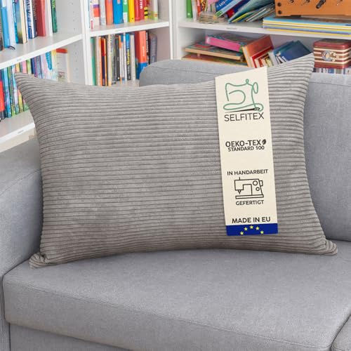 Selfitex XXL Breitcord Sofakissen 60x80 cm, Couchkissen mit Füllung und Bezug, edler Cord Stoff, extra weich und dekorativ, modische Breit Cord Optik, superweiche Kissen, Moderne Farben (Steingrau)